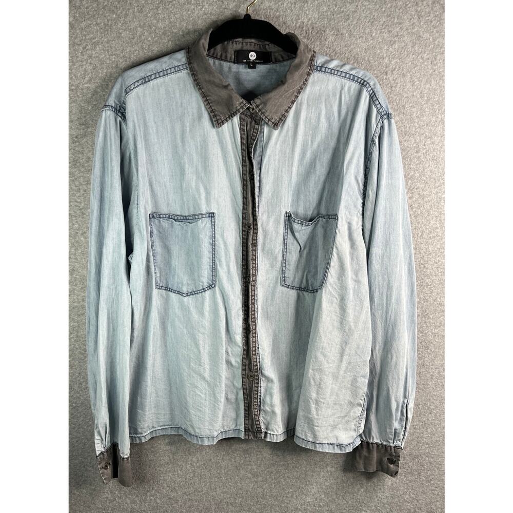 The Kloset Kouture Blue Button Up Shirt Womens Gray Collar Long Sleeve